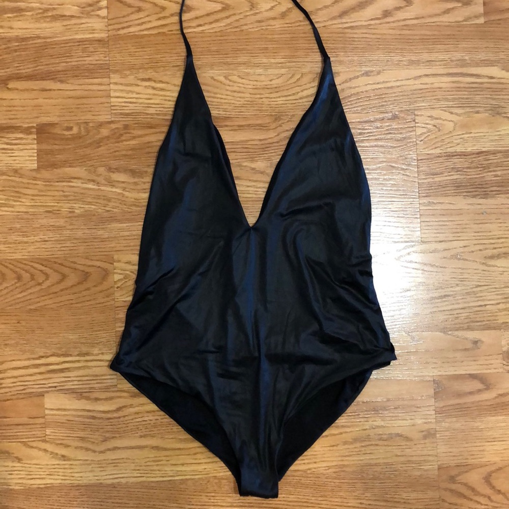 pleather backless halter bodysuit